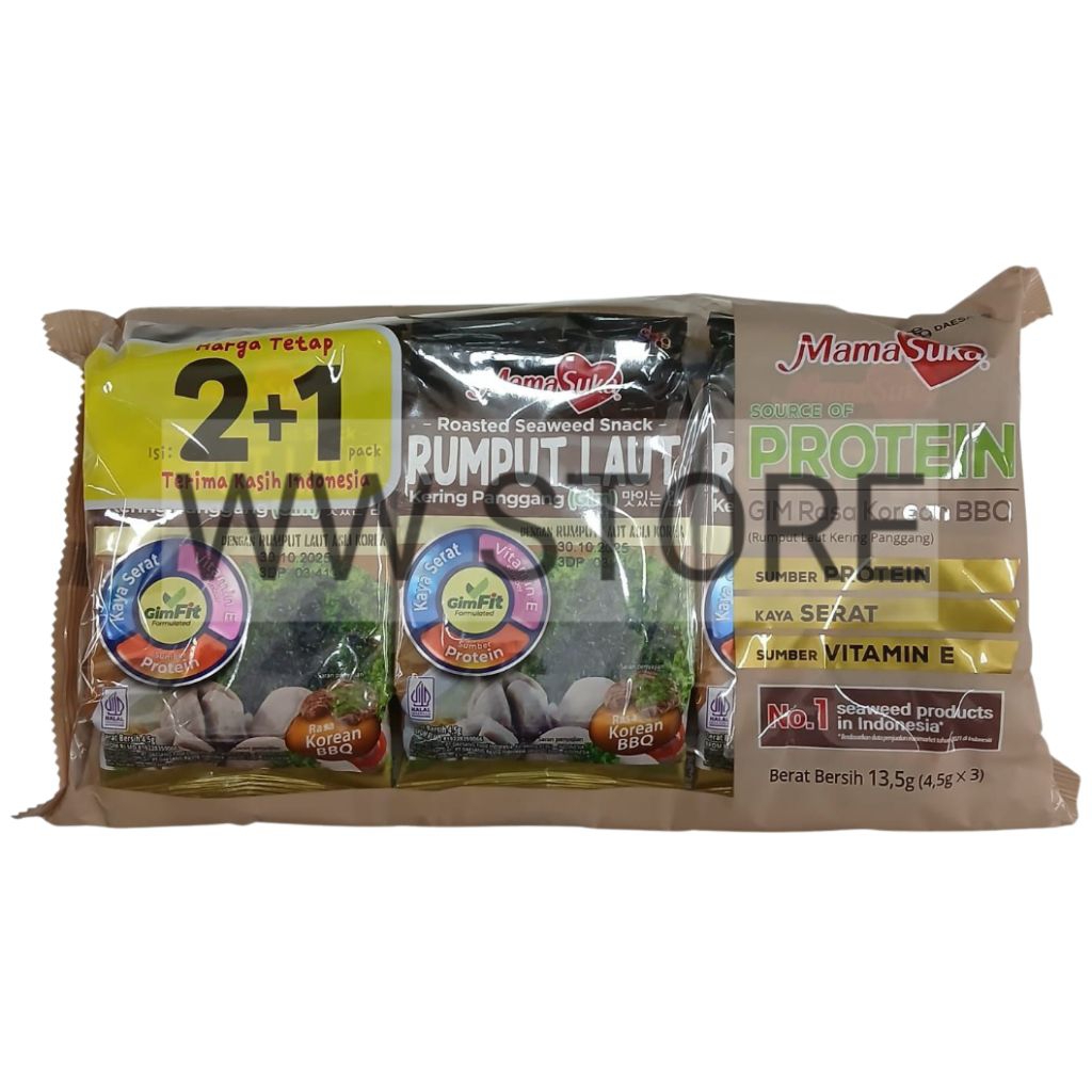 

Cemilan snek makanan ringan rumput laut kering panggang rasa barbekiu barbekue Korea halal MUI Mama Suka MamaSuka Roasted Seaweed Snack ( Gim ) Korean BBQ Barbecue Flavour 3x4.5g