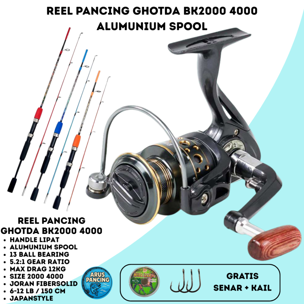 GHOTDA BK2000 4000 Satu Set Reel Pancing Dan Joran Fibersolid 150cm