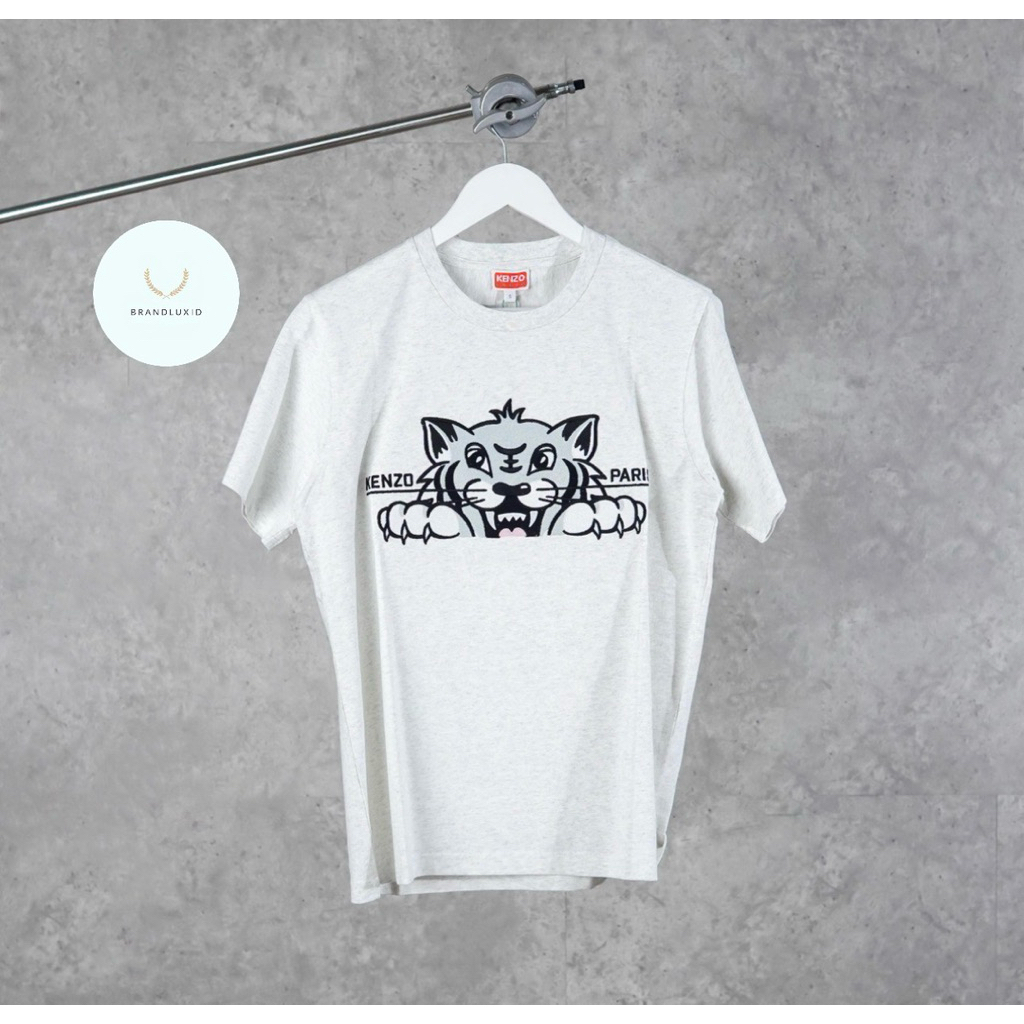 Kenzo Happy  Tiger Orange & Grey Embroidered Tshirt in White (unisex)