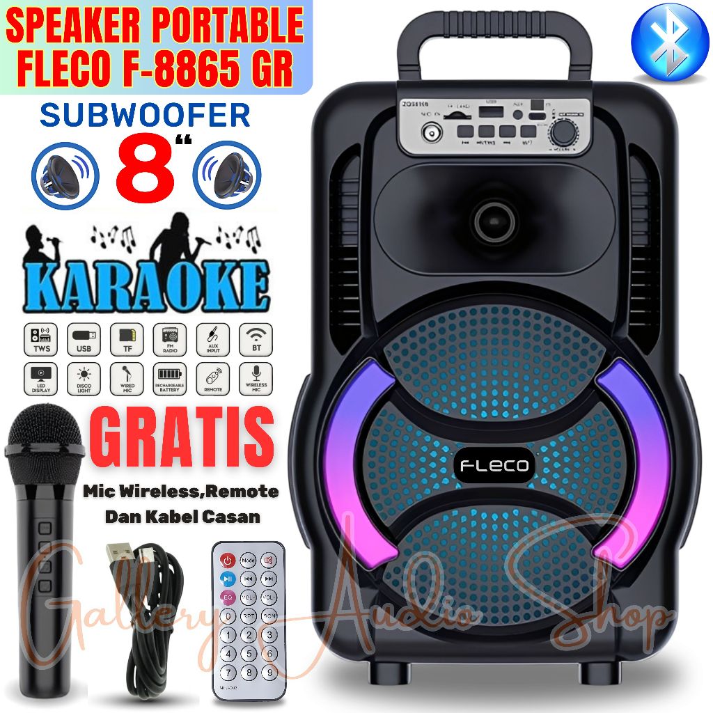 TERBARU~FLECO F-8865 GR Speaker Bluetooth Karaoke Extra Power Sound | Speaker Aktif Full Bass Ukuran