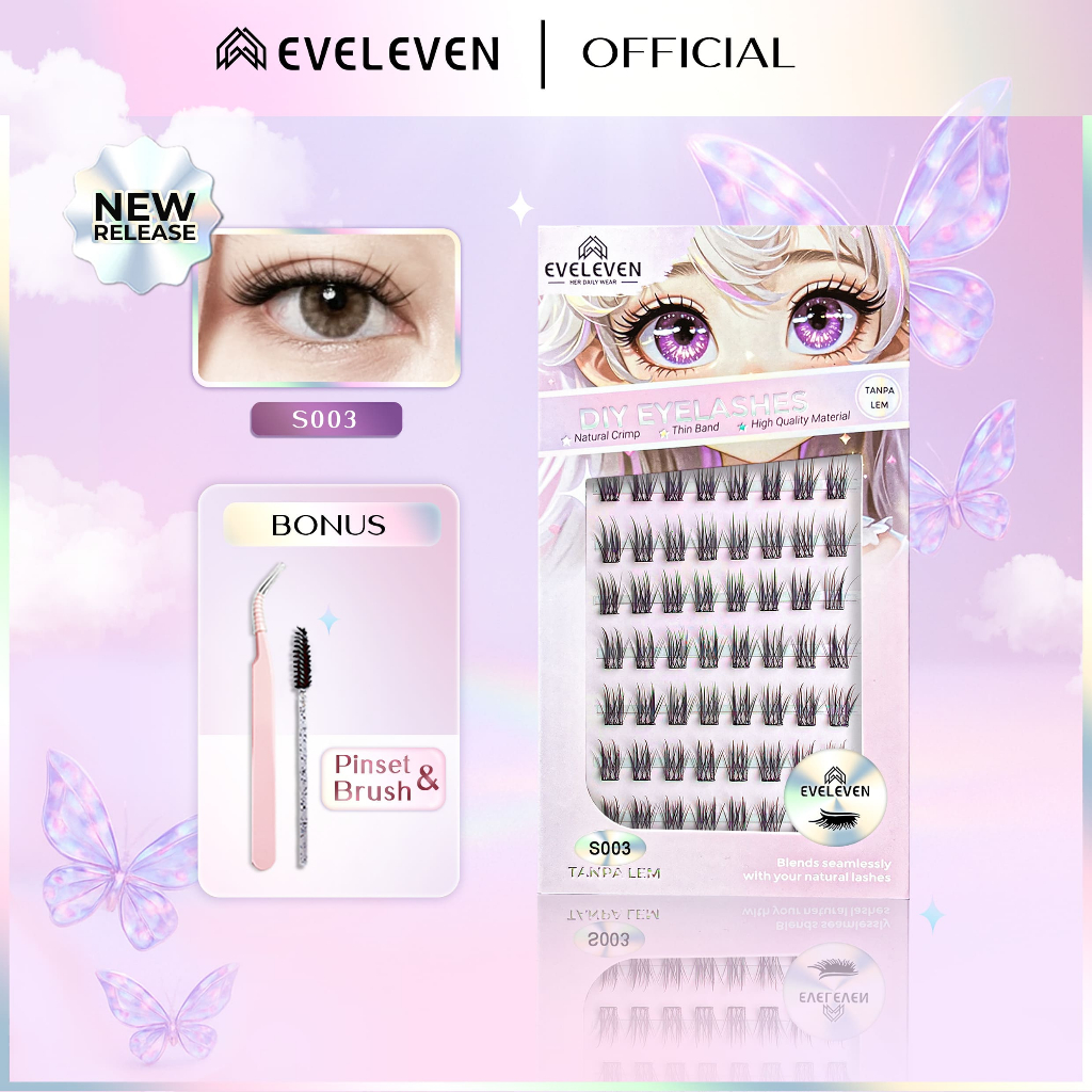 TANPA LEM EVELEVEN S003 Bulu mata FREE PINSET Bulumata Palsu Panjang Lentik Bervolume Natural Daily 