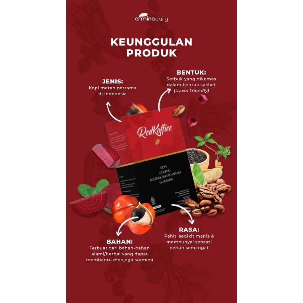 

Kopi Merah Original Red Koffiee Armina Daily 1 box isi 10 sachet