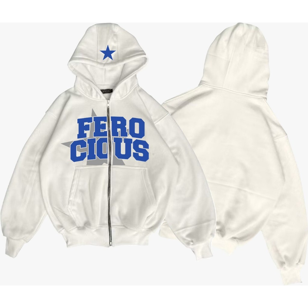 Jaket Sweater Hoodie Putih Boxy Double Zipper Pria Dan Wanita Aesthetic Vintage Star Full Text