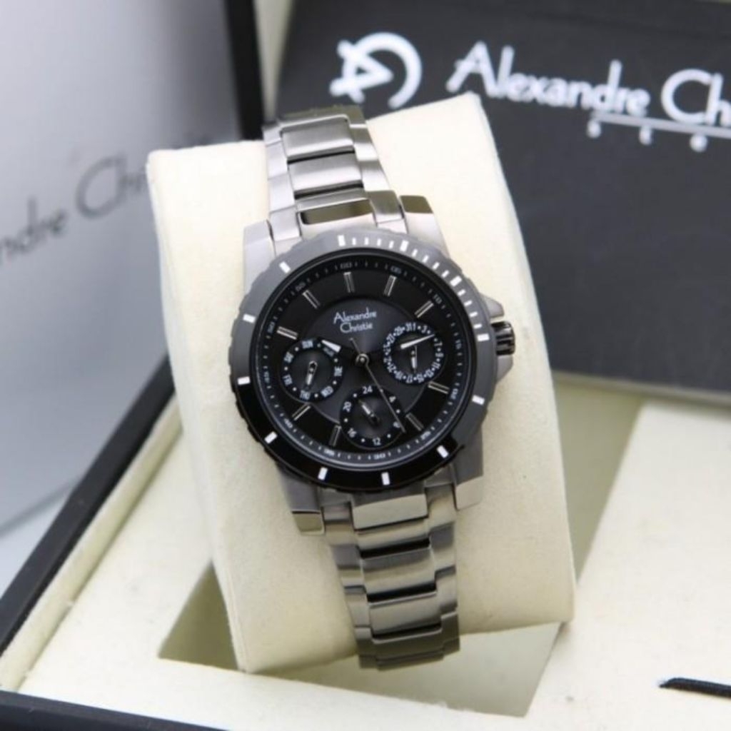 JAM TANGAN WANITA ORIGINAL ALEXANDRE CHRISTIE AC6141BF  BLACK  GREY  STAINLESS STEEL