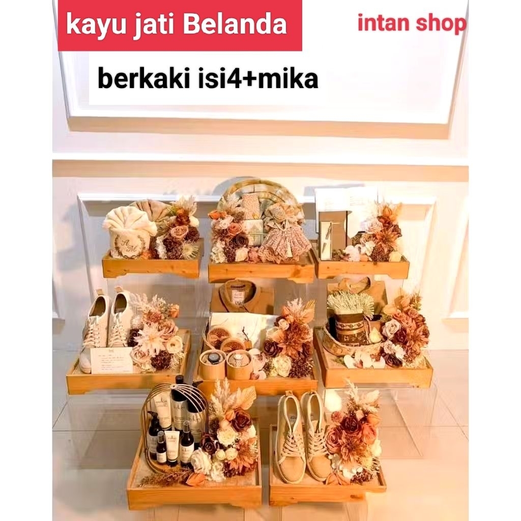 

BAKI BOK SESERAHAN BER KAKI KOTAK PERNIKAHAN KAYU JATI BELANDA ISI 4 FULL MIKA NAMPAN PARSEL