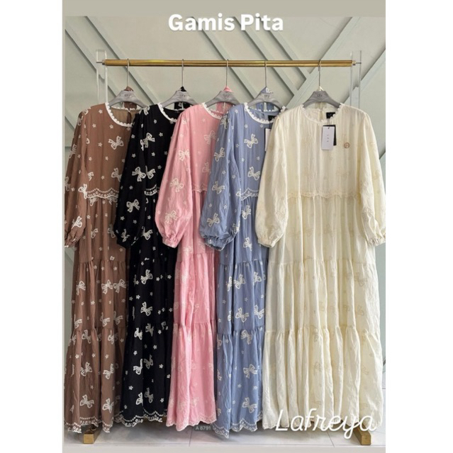 gamis pita, dress lfy, Arsy dress, gamis bangkok, lafreya dress, gamis putih, white maxi, dress katu