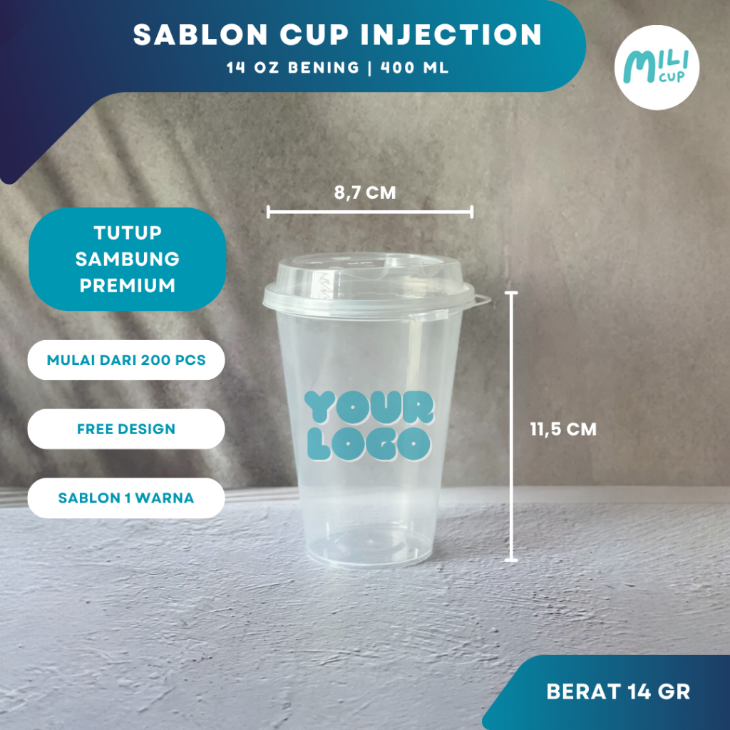 Sablon Gelas Cup Plastik Injection 14 Oz Datar Bening + Tutup Sambung / Flip
