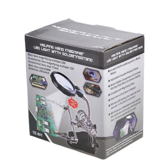 

Helping Hand Magnifier TE801 Alat Bantu Solder Kaca Pembesar Jepit PCB 2 LED