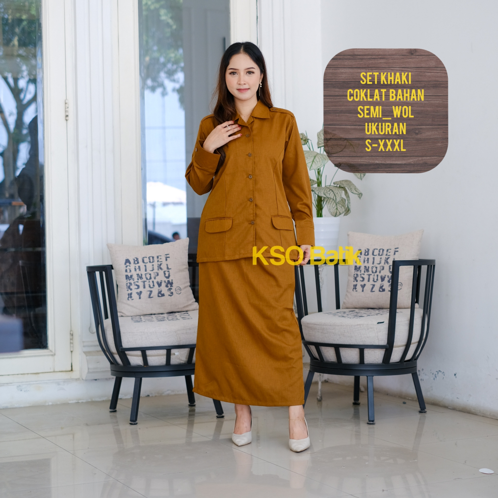 GBS BATIK KHAKI WANITA KERAH REBAH SAKU BAWAH MODEL ROK SPAN TERBARU BAHAN SEMIWOOL / BAJU PEMDA / B