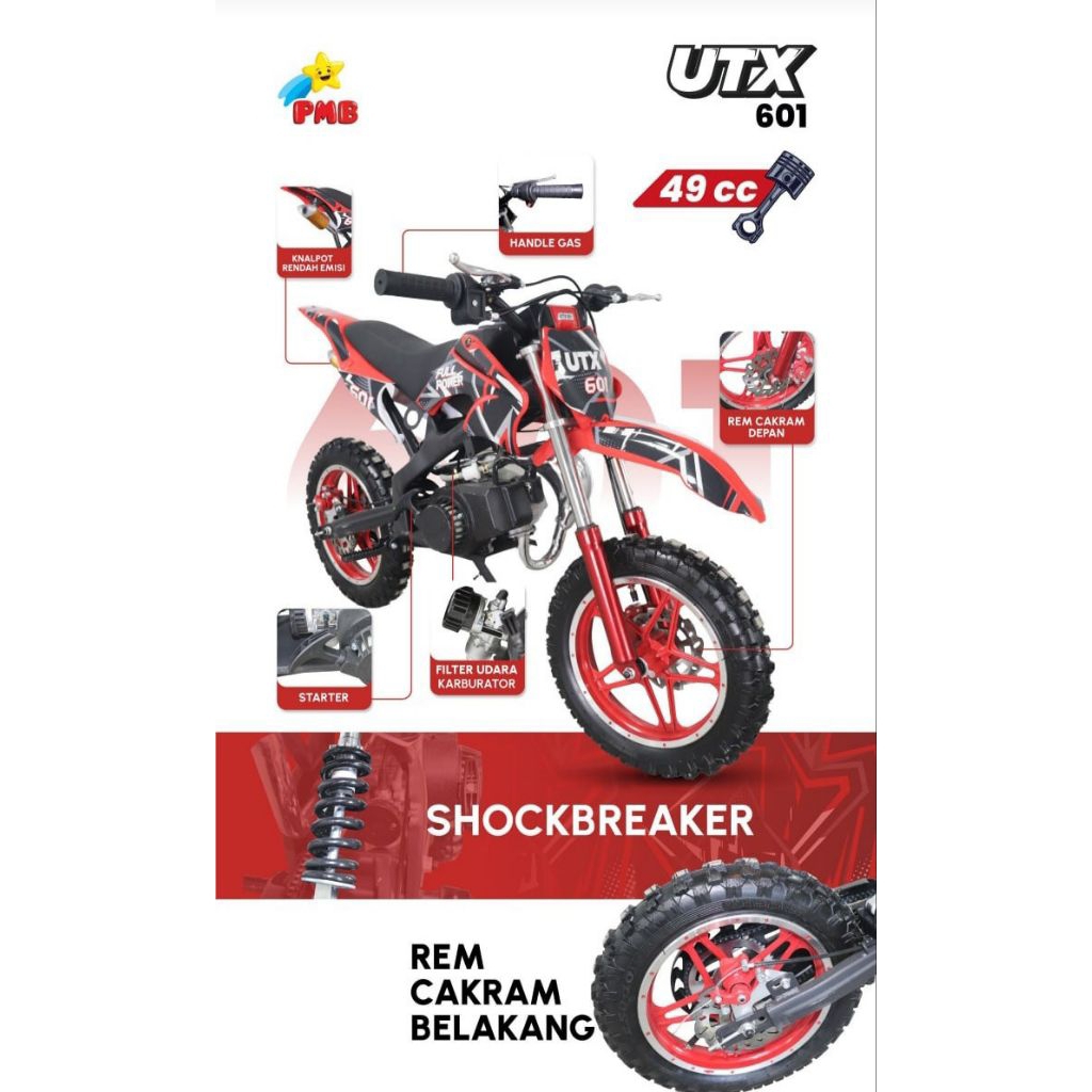 Sepeda Motor Anak Bensin 50cc PMB PUTX 701 UTX 601 Motor Trail mini ET-7505 Exotic Bensin kuning. Bi