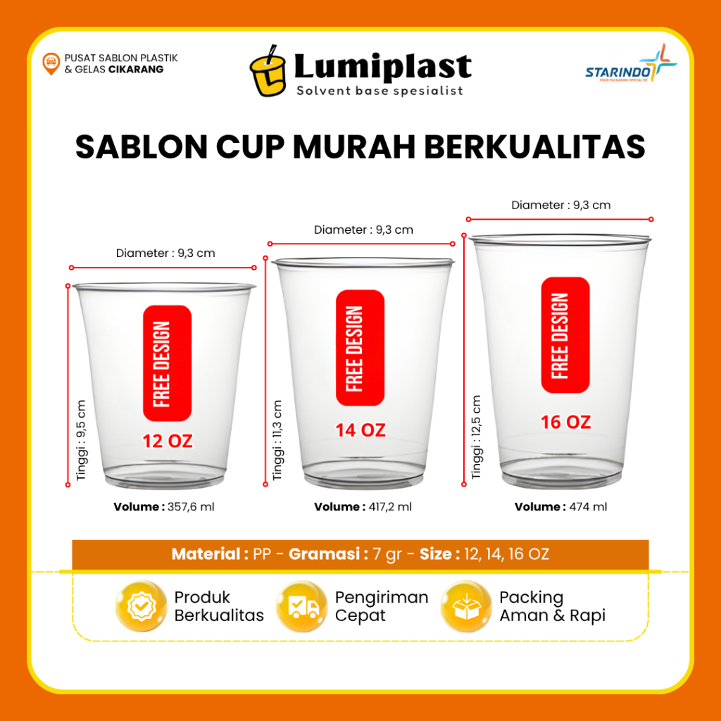 Sablon Cup Custom 12oz 14oz 16oz 7gr Starindo Gelas Plastik Minuman Free Desain