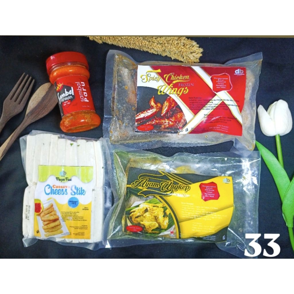 

Paket Hemat Dbaloy No. 33 | 1 spicy wings,ayam ungkep 1,chees stik 1,sambel paru 1