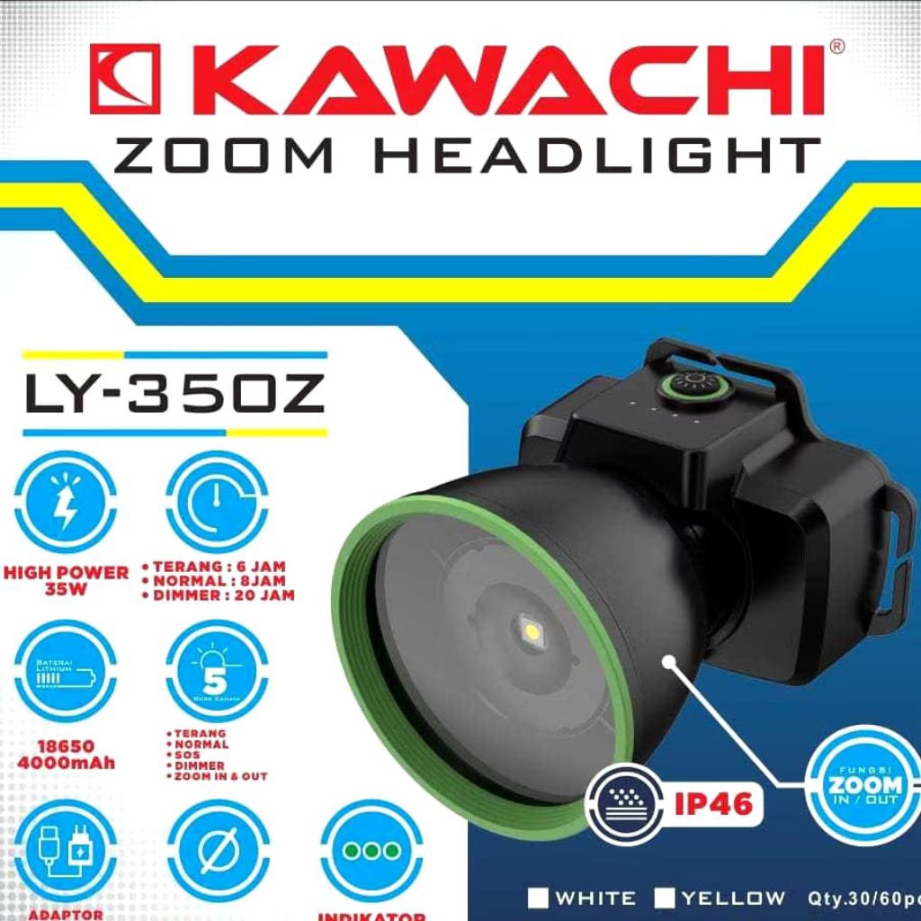 Kawachi LY 350 Z Senter Kepala Zoom HEadlight 35 watt baterai 4.000 mah