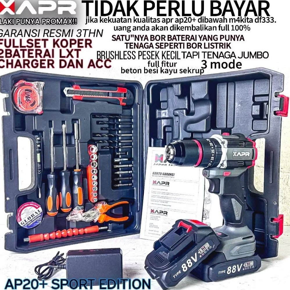 AP20+ APR raja bor cordless 13mm brushless mesin bor baterai drill impact keyless chuck auto lock