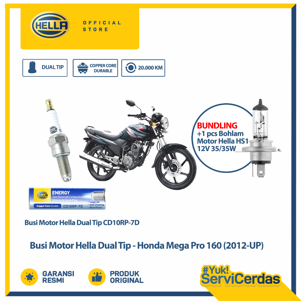 Busi Motor Honda Mega Pro 160 2012 up Hella Dual Tip CD10RP-7D Bundling Bohlam Motor HS1 12V 35/35W 