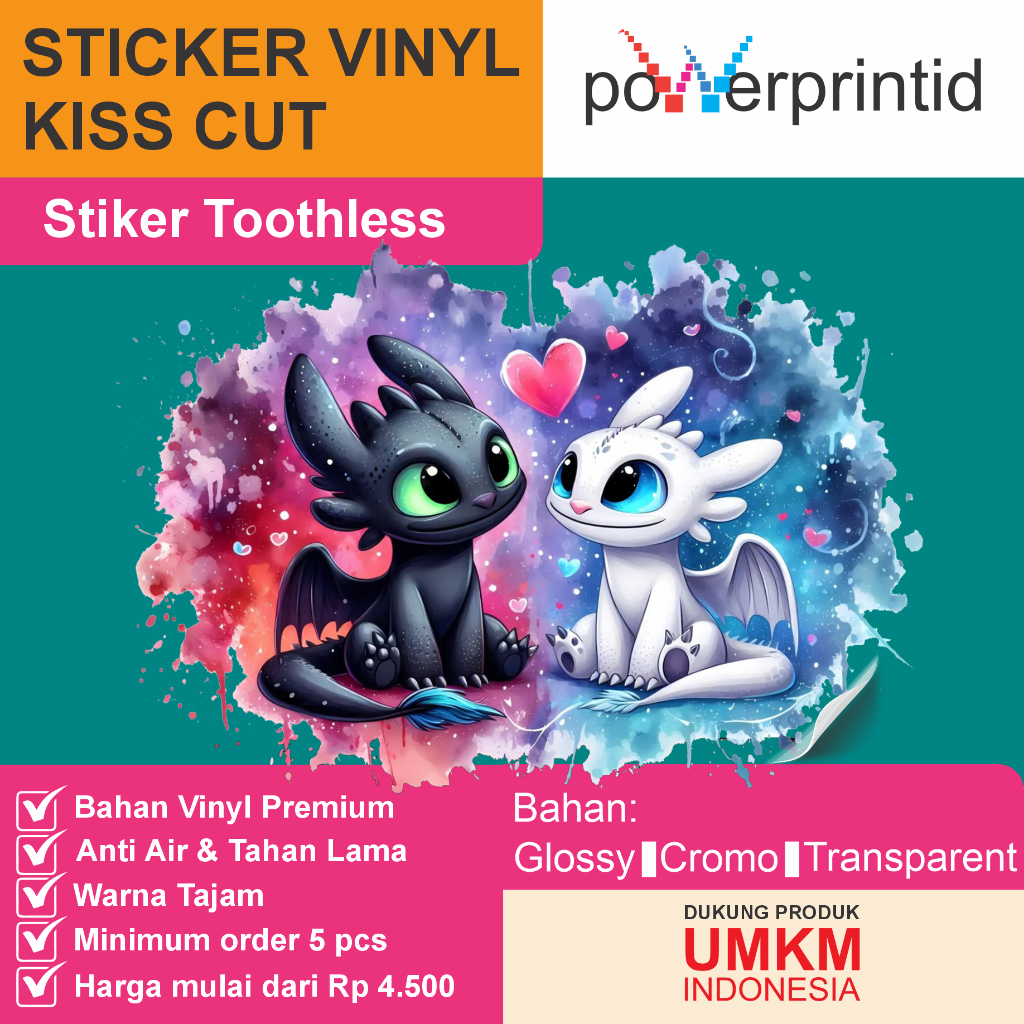 

Stiker Toothless Night Fury Lucu 5 pcs | Ukuran Variasi | Bahan HVS Vinyl Cromo Transparan