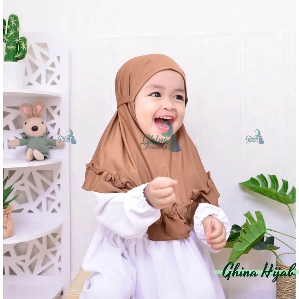 Kerudung Anak Perempuan Renda Bergo Maryam Renda Anak Ruffle / Rempel Tali Jersey 0 - 3 Tahun