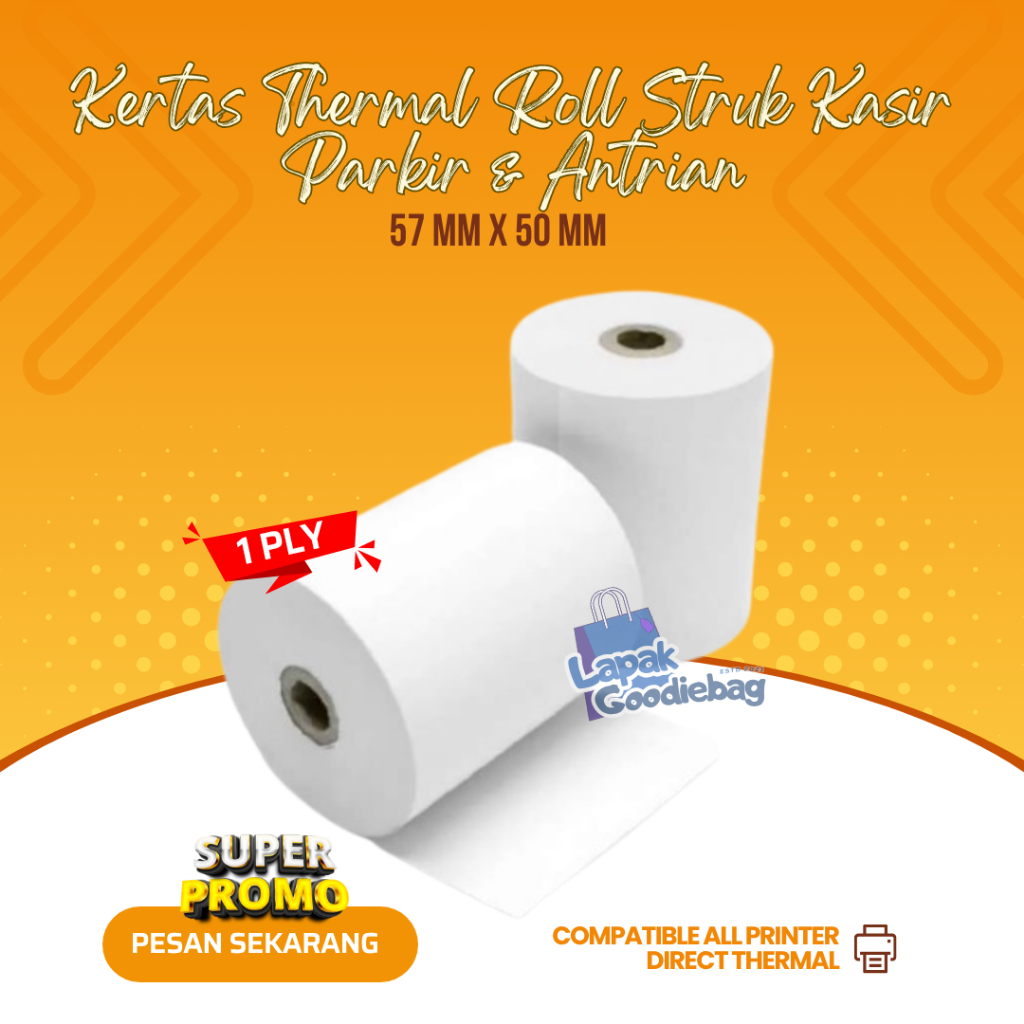 

Kertas Thermal Struk Nota Kasir Belanja 57 X 50 1 PLY LABEL HVS Cetak Bon Toko Parkir Antrian