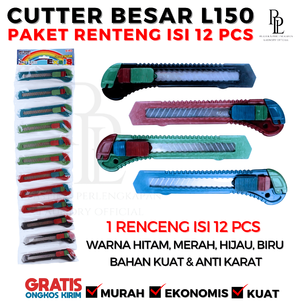 

CUTTER 12 PCS | PAKET HEMAT CUTTER SATU RENCENG ISI 12 PCS | PISAU KATER TAJAM MURAH EKONOMIS KUAT ANTI KARAT WARNA HITAM, HIJAU, BIRU, MERAH | CUTTER L150 L-150