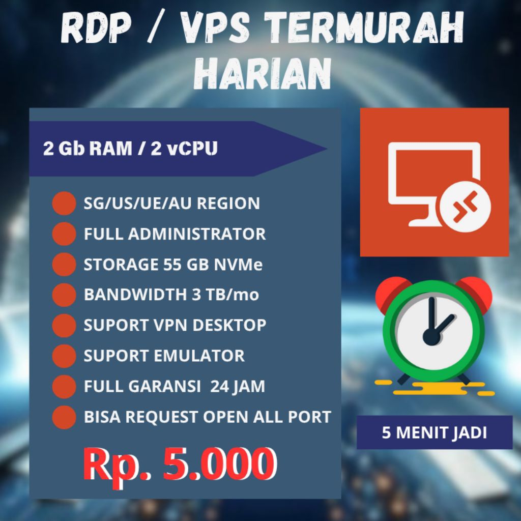 RDP/VPS Harian Termurah 2GB RAM / 2 vCPU