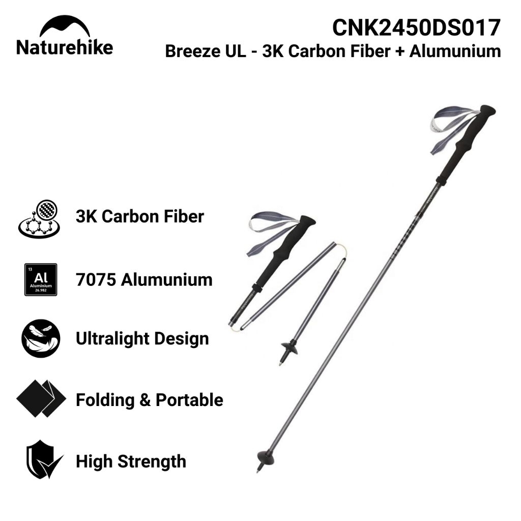 TONGKAT PENDAKI NATUREHIKE CNK2450DS017 ULTRALIGHT TREKKING POLE 3K CARBON FIBER 7075 ALUMINUM 4 SEC
