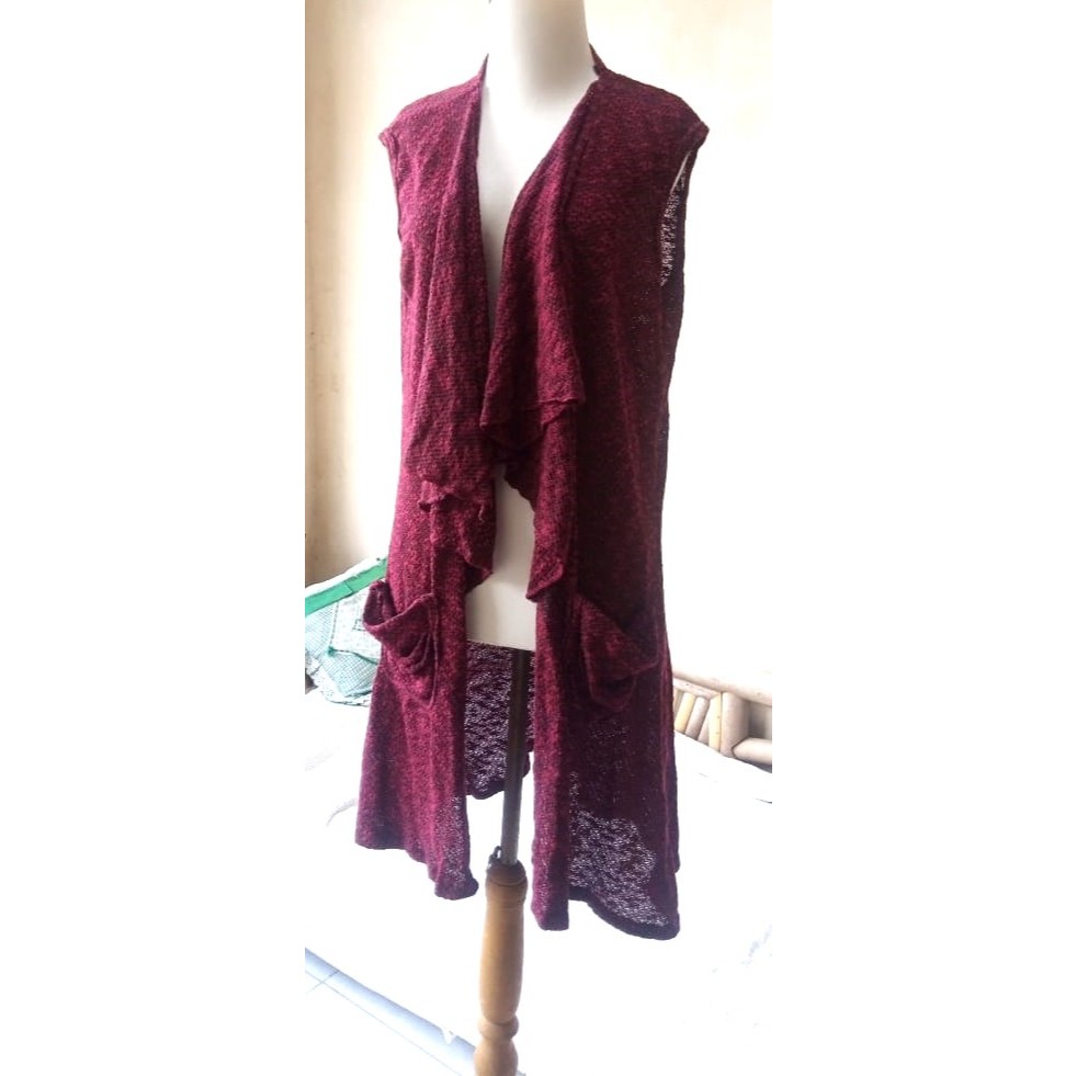 LONG CARDIGAN Tanpa Lengan / Vest Wool MAROON - 2nd / Preloved