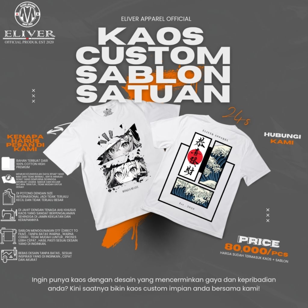 Kaos Custom Satuan - Desain Bebas | Sablon DTF | Bahan Combed 24s | Gratis Desain | Gratis Desain | 