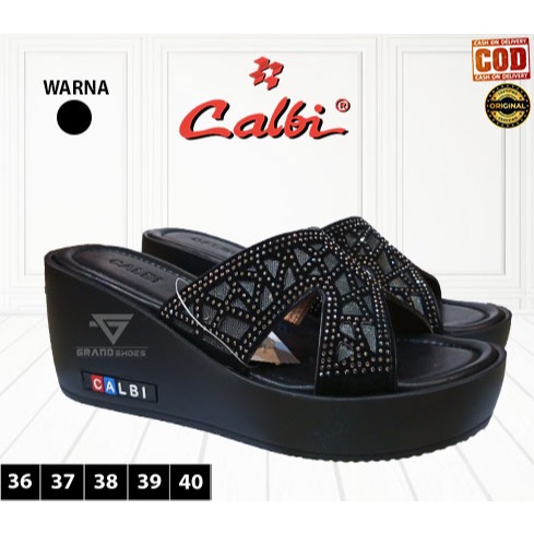 Calbi sandal wedges wanita selop slop casual kasual pesta motif permata mewah wanita original