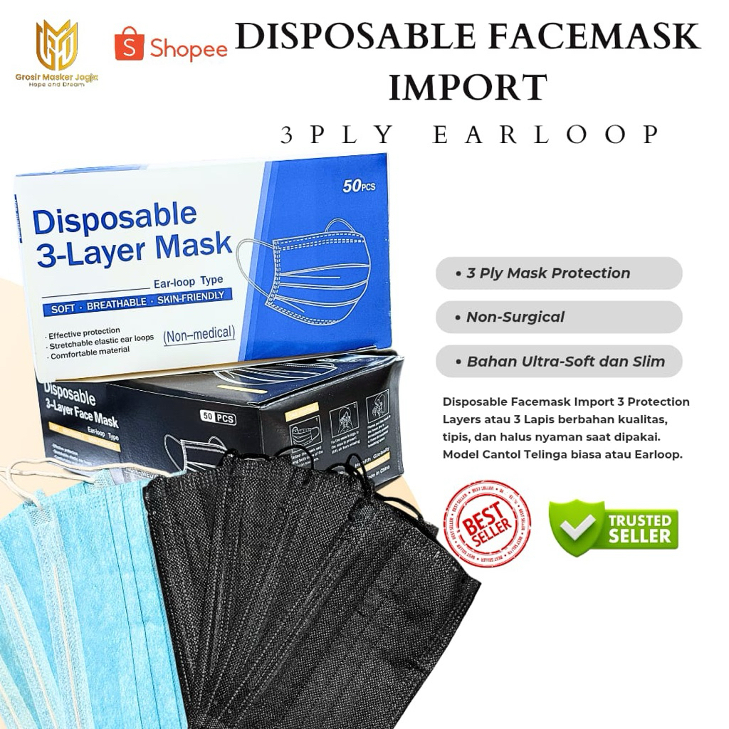 Masker Earloop Biru 3ply - Earloop Hitam 3ply - Cantol Biru Hitam Box Isi 50 pcs