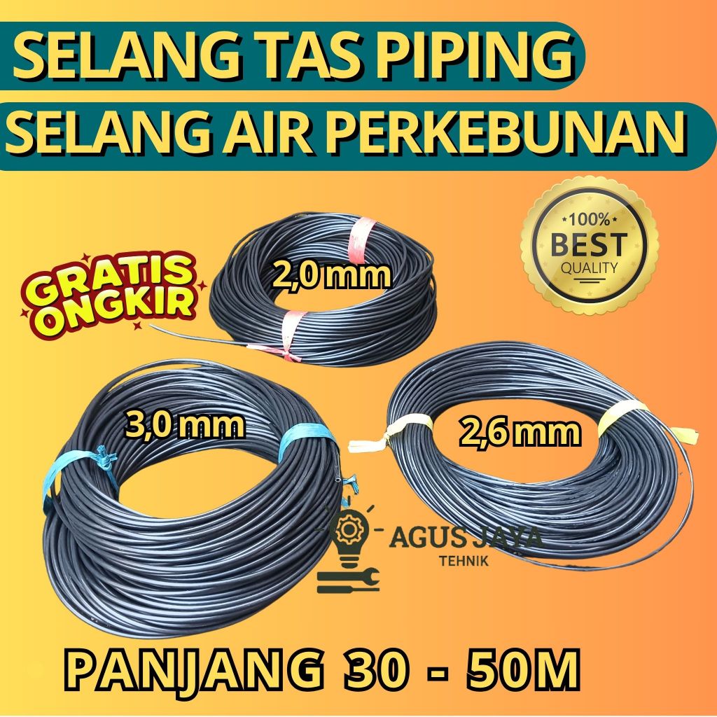 Selang Air Piping Untuk Irigasi Kebun, Diameter 2,6 mm 2,8 mm 3 mm, Panjang 30M–50M Selang Tas Hitam