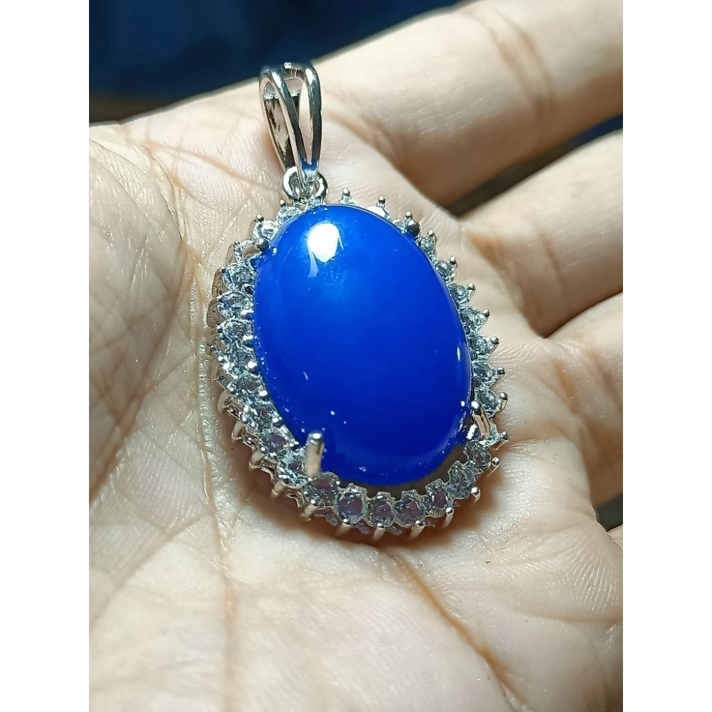 Bandulan liontin kalung giok biru dim batu 18x25 mm untuk pria dan wanita
