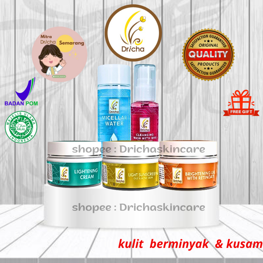 BUNDLING DRICHA BRIGHTENING GEL + LIGHTENING CREAM + CLEANSING FW + LIGHT SUNSCREN + MICELLAR