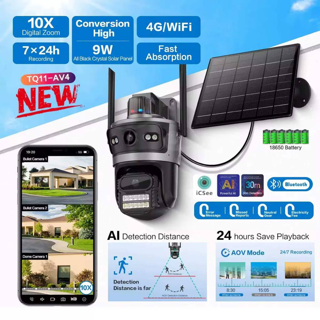 [Garansi 1 tahun] Thunderin Camera Dual Lens Simcard 4G-IP 66 Waterproof Panel surya CCTV IP Human T