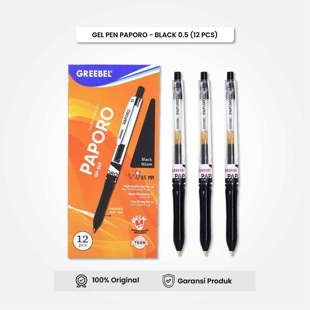 

GREEBEL Pulpen Gel GP-507 PAPORO 0.5 HITAM (12PCS/SET) Gel Pen Cetek Ballpen Cetek Pulpen Cetek