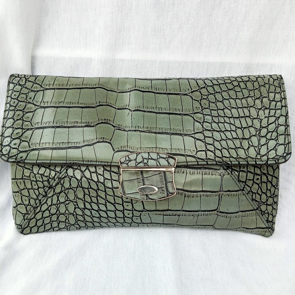 Tas Clutch Pesta Wanita Kulit Asli Kulas Croco Abu Preloved Second