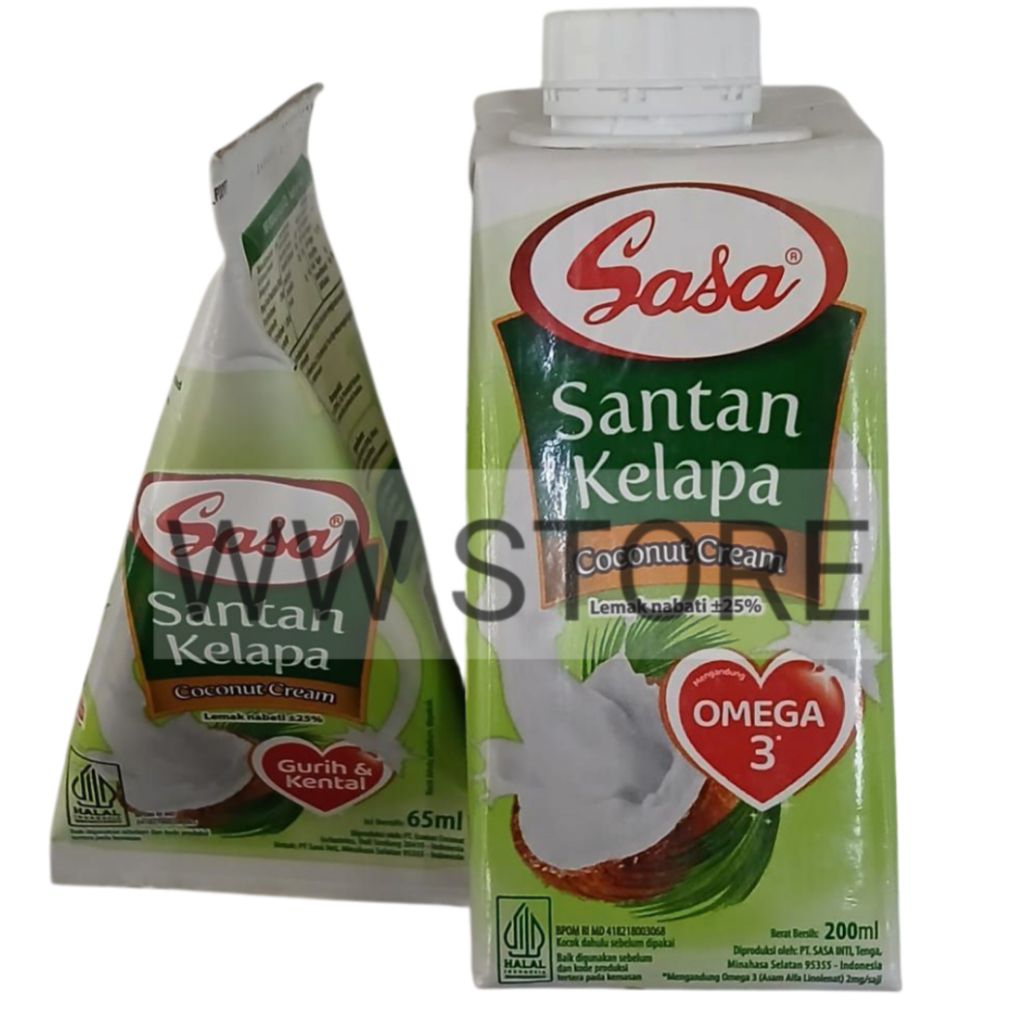

Santan Kelapa cair OMEGA 3 ( lemak nabati sekitar 25% ) halal MUI Sasa Coconut Milk Cream 65ml 200ml
