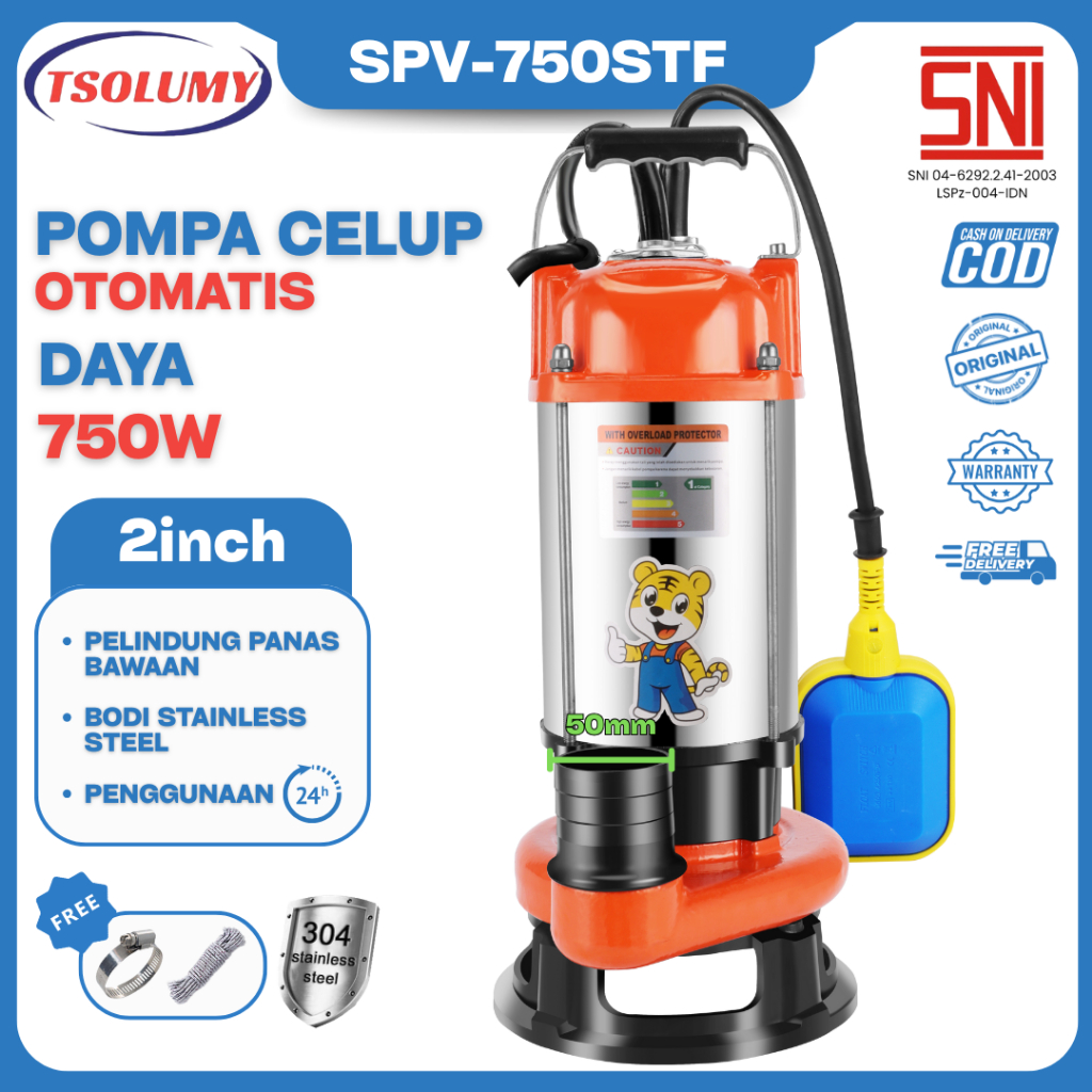 Tsolumy Pompa Celup Air Kotor Bersih SPV750ST/F Outlet 50mm Daya Dorong 10Meter Mesin Pompa Kolam