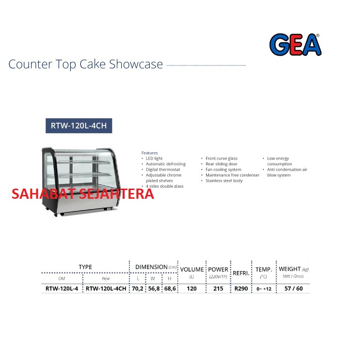 GEA Counter Top Cake Showcase RTW-120L-4CH Etalase Pendingin Kue – Lemari Kaca Display Chiller Mini 