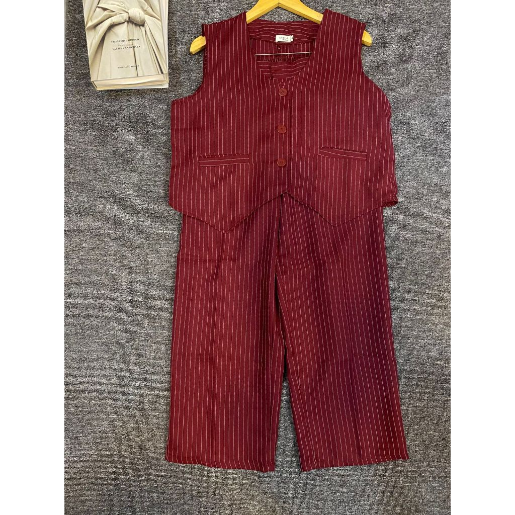 Salur One Set Wanita Semiwoll Vest Rompi Tanpa Lengan Kutung - Blazer Stripe Salur Celana Panjang - 