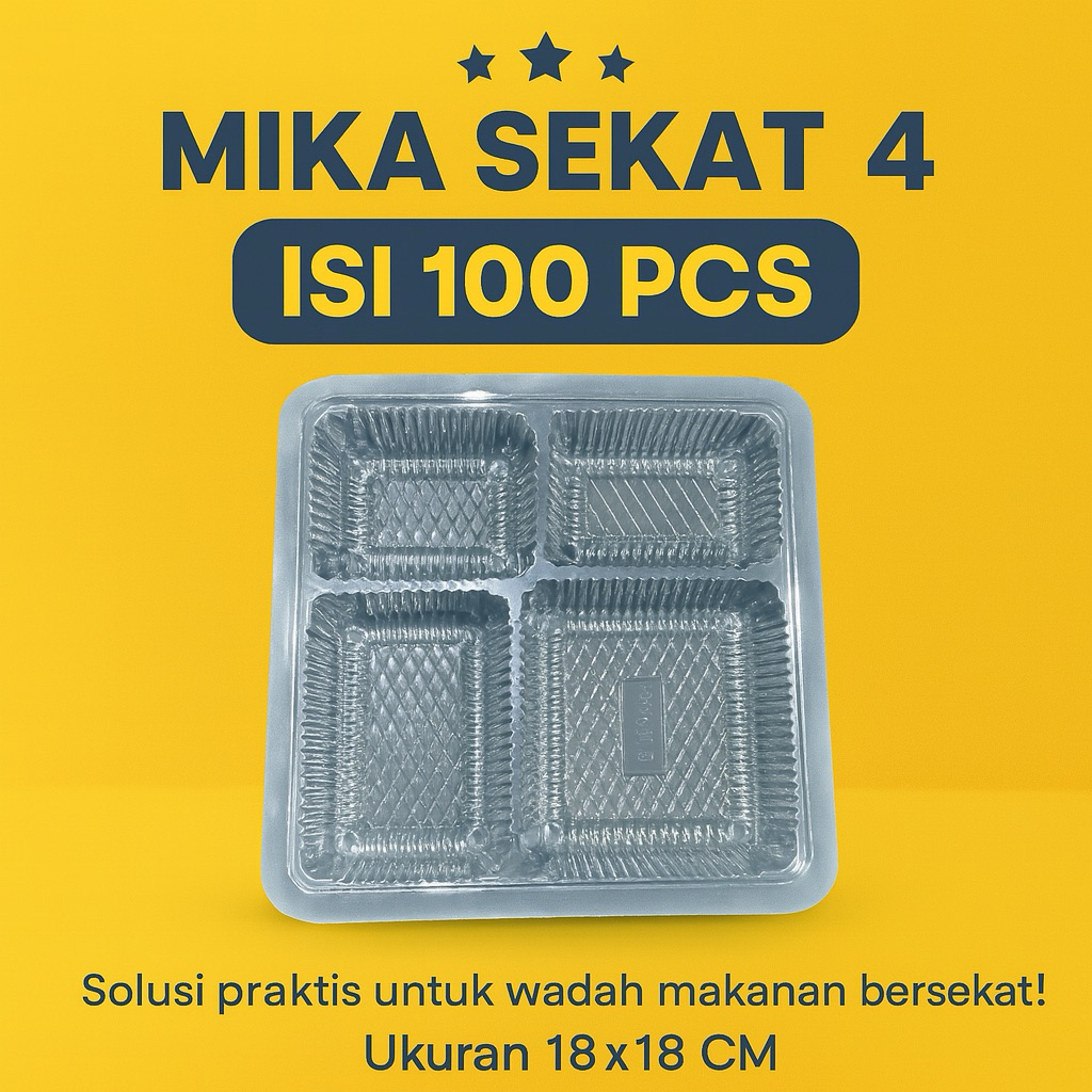 Mika Sekat 4 18x18 Murah – Wadah Plastik Makanan Aman & Higienis / (100 pcs) Mika R8 / Dus Nasi Kota