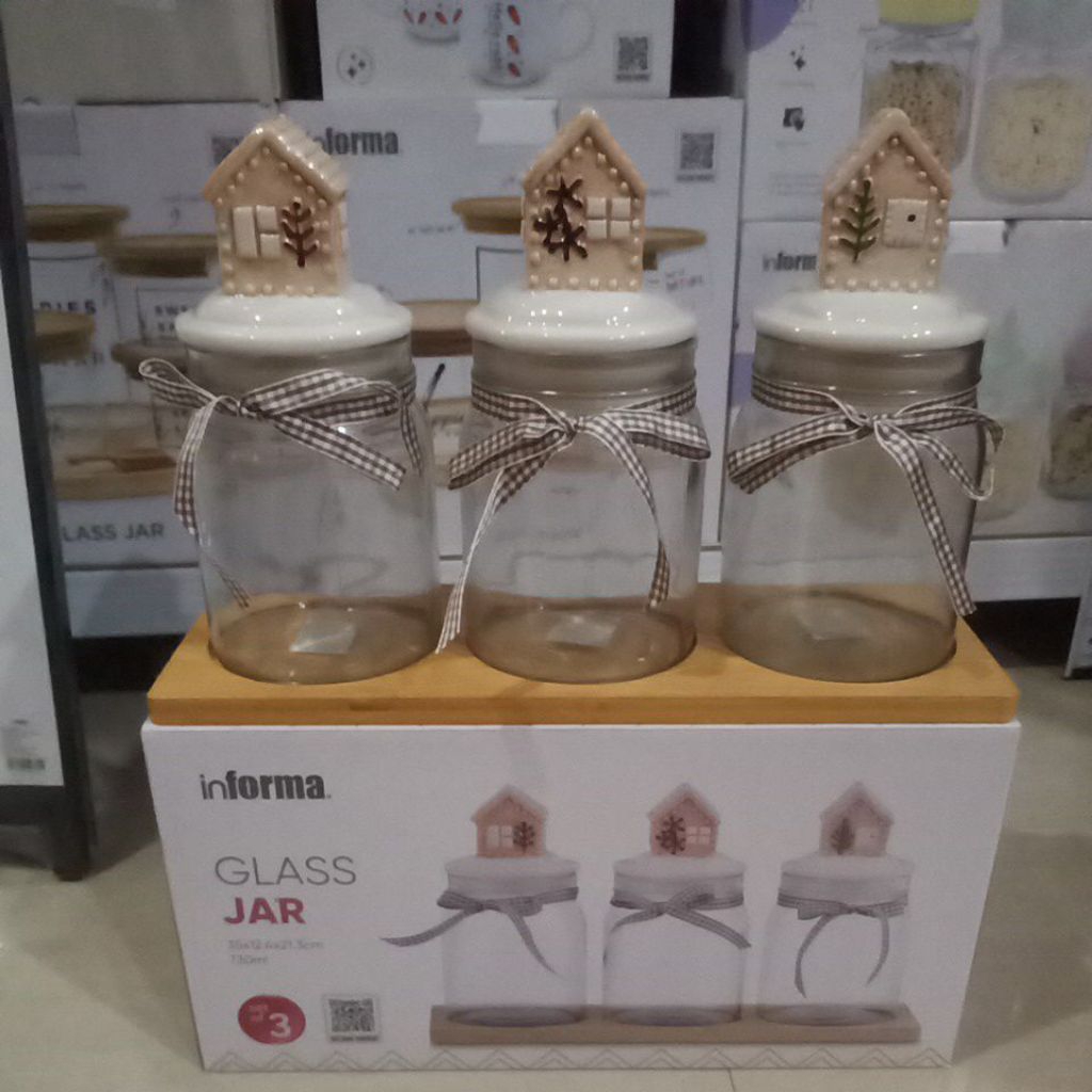 Toples Kaca tutup keramik Brown House set of 3 informa nampan kayu 730ml gratis paking kayu