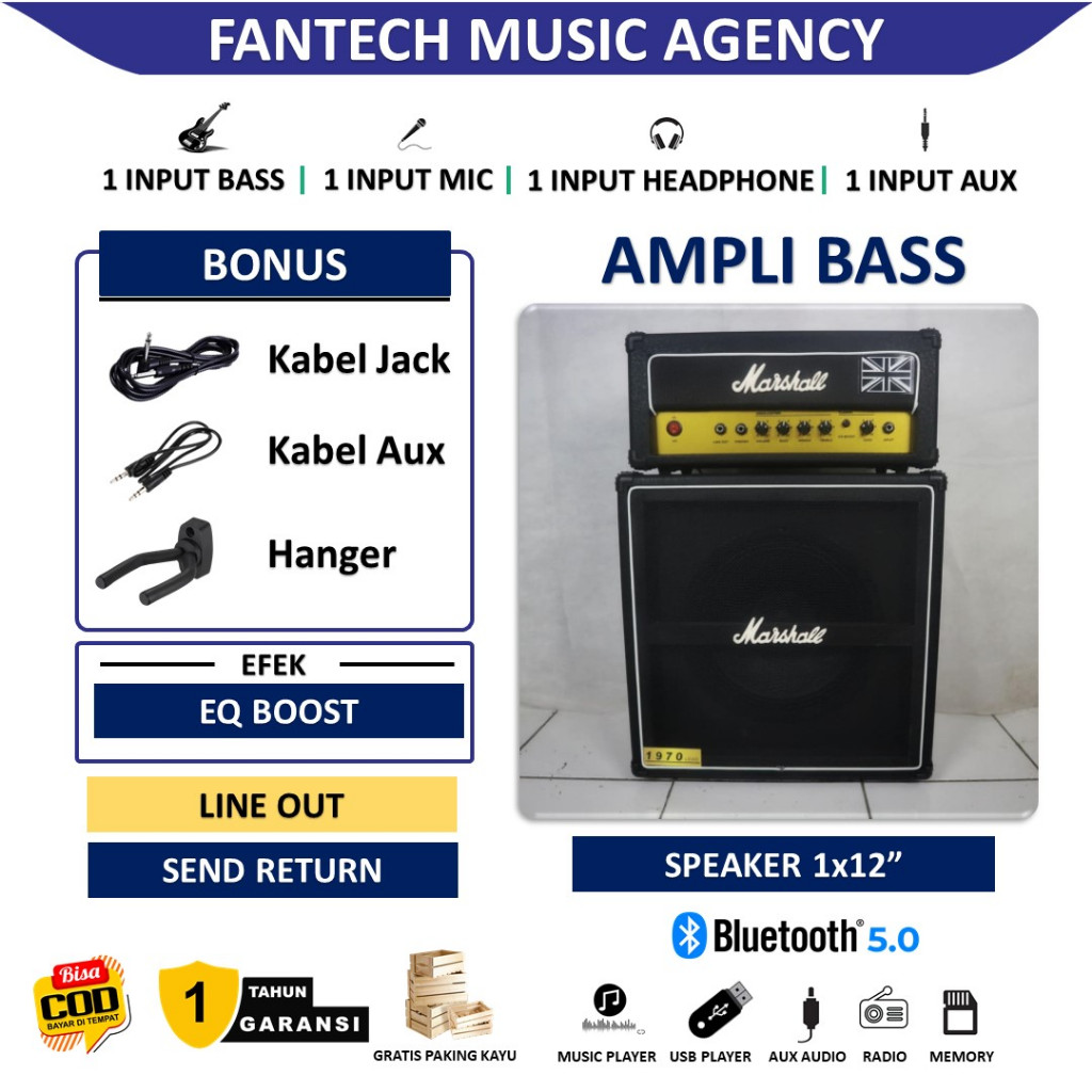 Ampli Bass & Gitar 12 Inch bisa untuk karaoke Marshall 3 Input Head Cabinet Bonus Kabel Jack 3 Meter