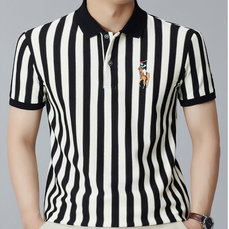 KUALITAS SUPER polo shirt pria kaos garis garis pria kaos kerah pria lengan pendek bordir t shirt