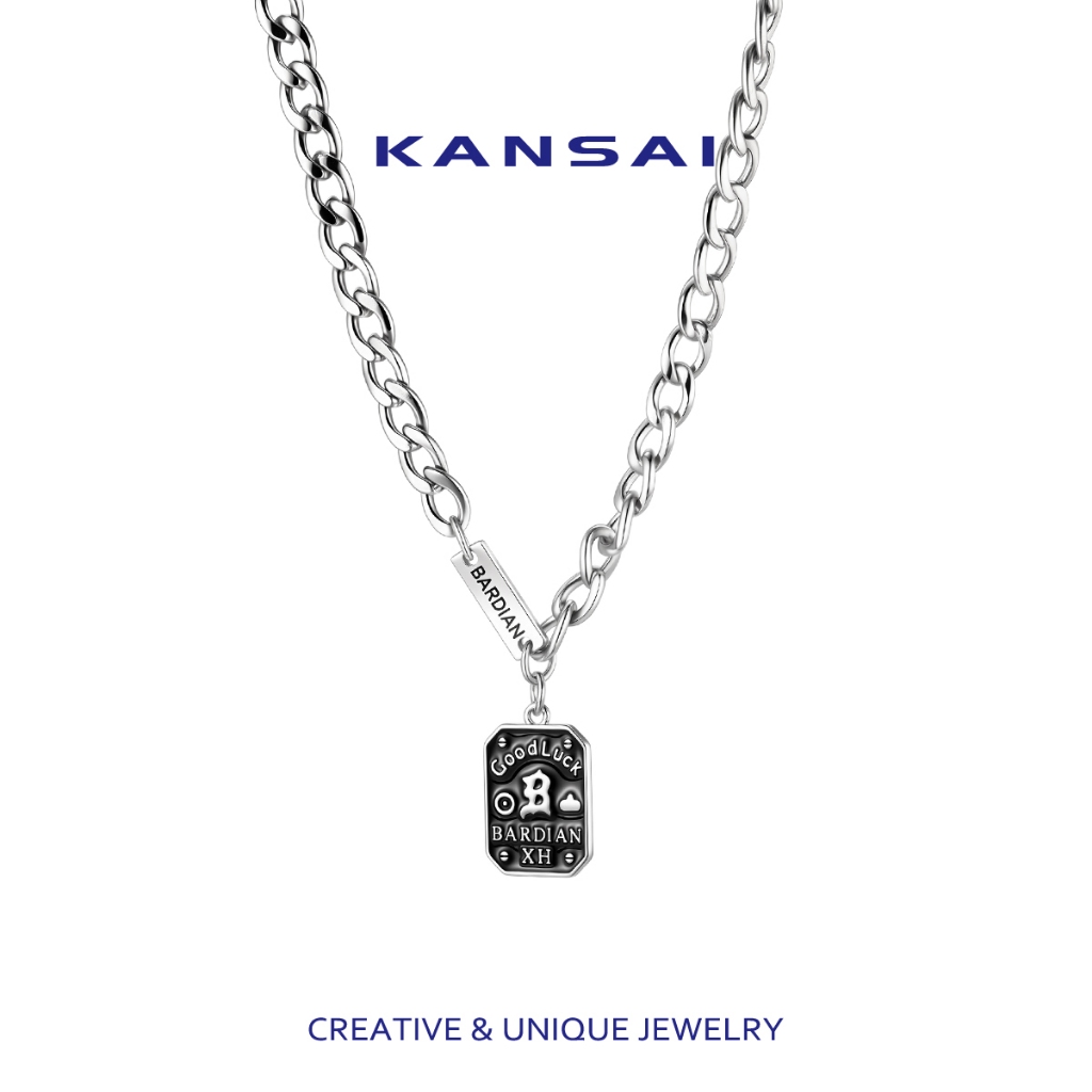 KANSAI Kalung Titanium Pria Wanita Kalung Liontin Persegi  Hitam Gaya Korea Dengan Warna Silver
