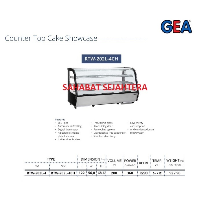 GEA Counter Top Cake Showcase RTW-202L-4CH Etalase Pendingin Kue – Lemari Kaca Display Chiller Mini 
