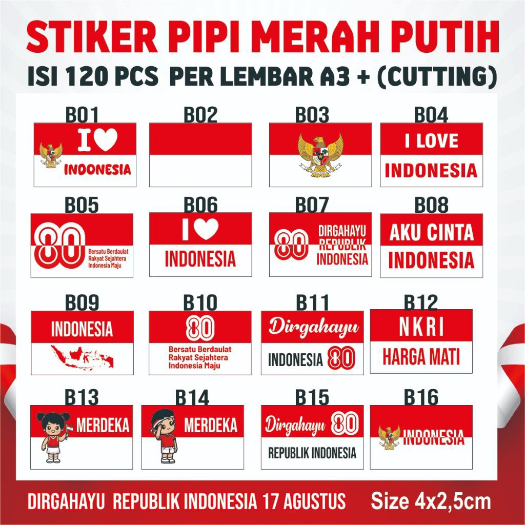 

CETAK Stiker Bendera Pipi Indonesia perlembar A3+ cutting Kemerdekaan 17 Agustus Agustusan