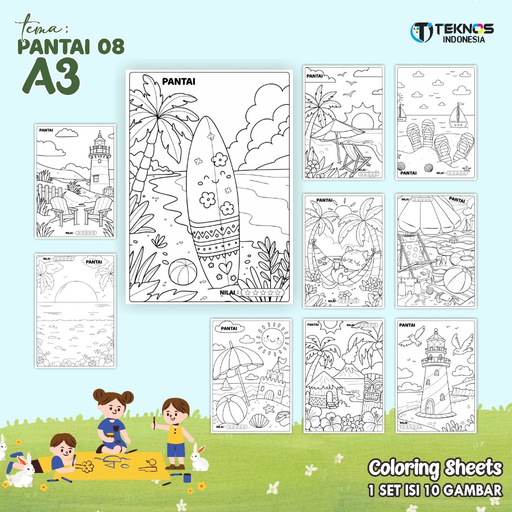 

[PANTAI] KERTAS GAMBAR UNTUK ANAK - KERTAS EDUKASI UKURAN A3 READY STOCK - COLORING SHEETS