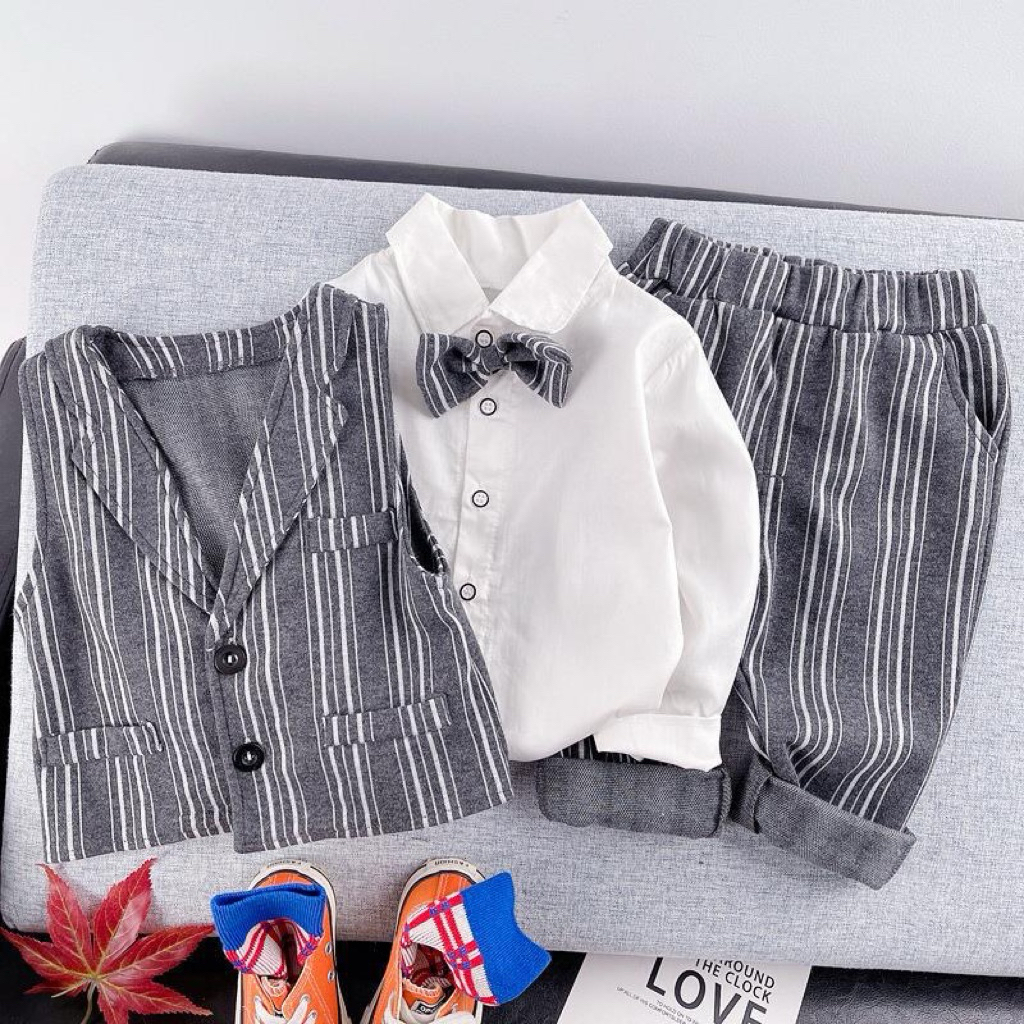 [COD] SETELAN 3IN1 KEMEJA FREE DASI UMUR 1-4 TAHUN - SET 3IN1 ANAK COWOK KEREN