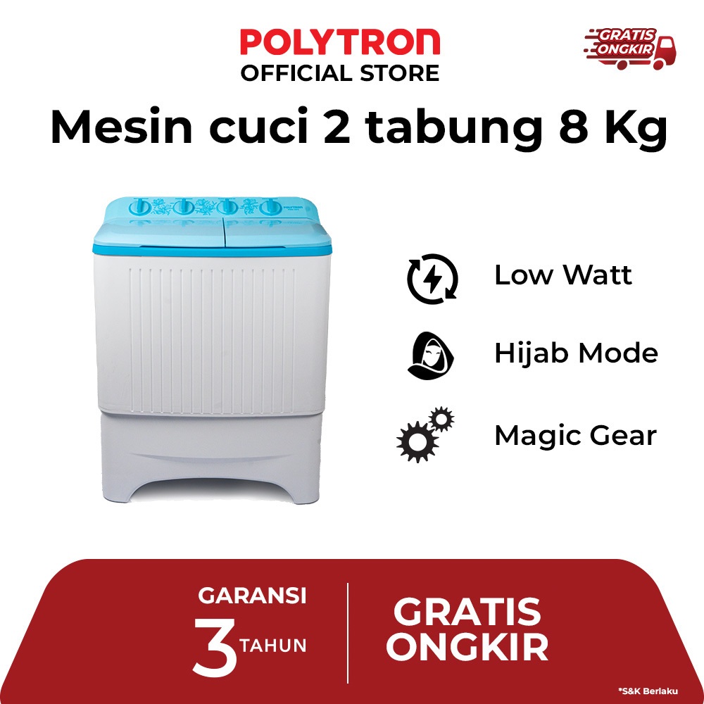 POLYTRON Mesin Cuci 2 Tabung Giant Series  8 KG - PWM 8073B