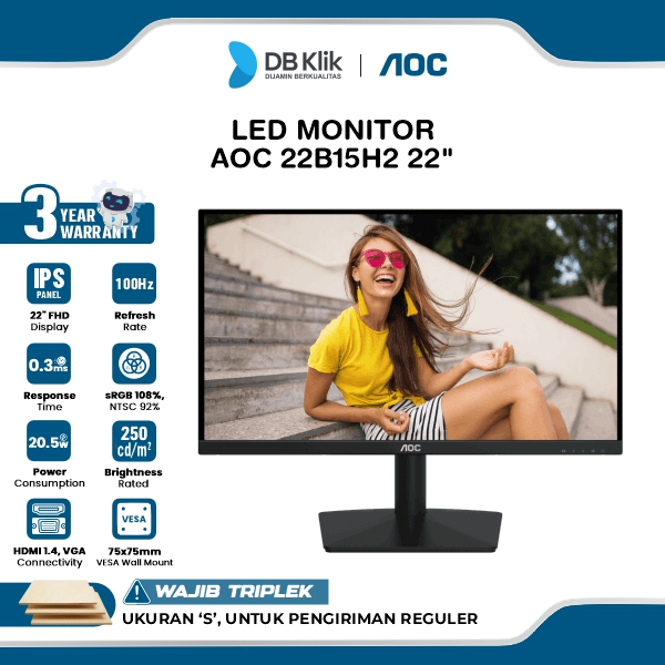 AOC LED Monitor 22B15H2 22" IPS FHD 100Hz 4ms Adaptive Sync HDMI VGA